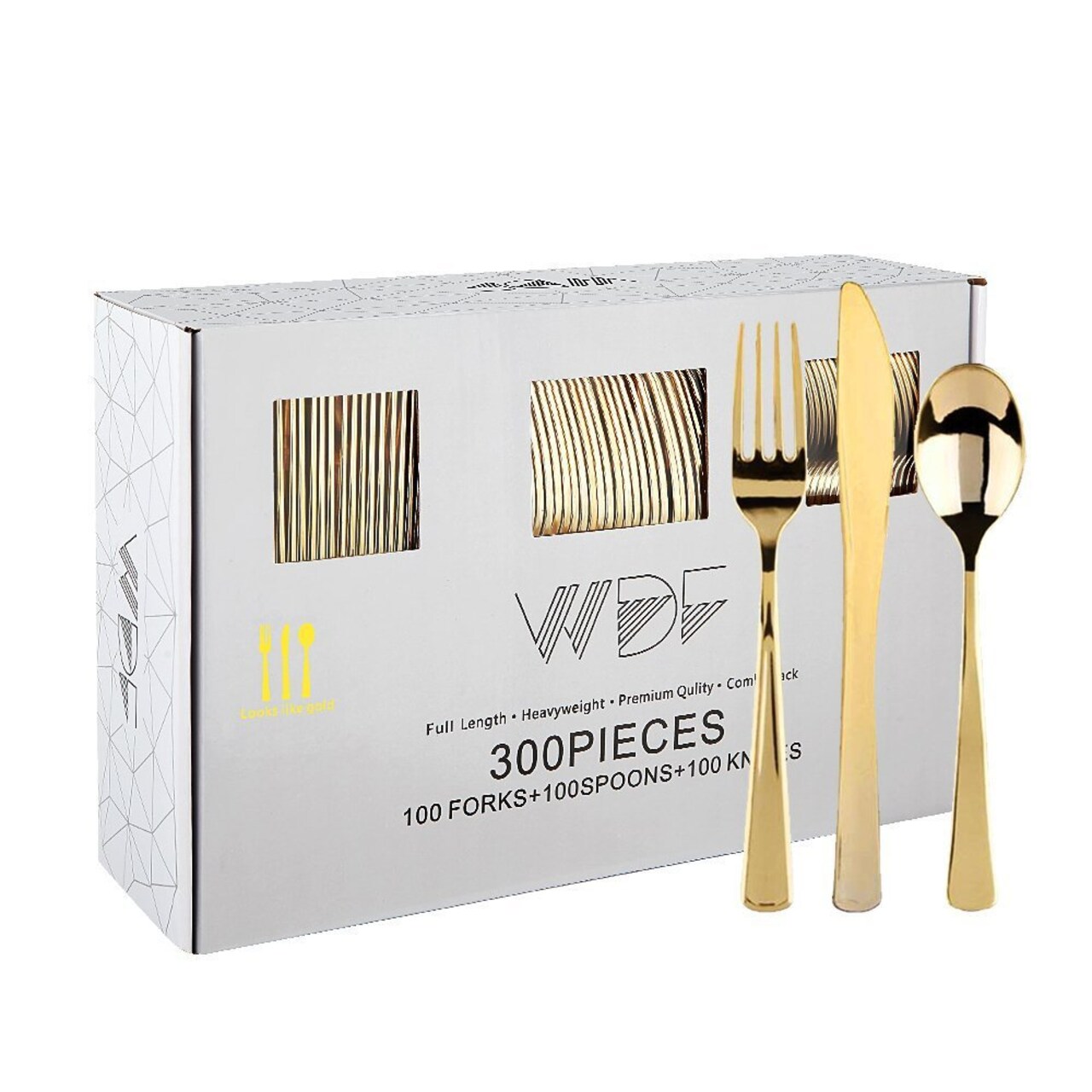 WDF300 Pieces Gold Plastic Silverware Disposable Gold Cutlery, Silverware Set Includes 100 Forks, 100 Spoons, 100 Knives -WDF